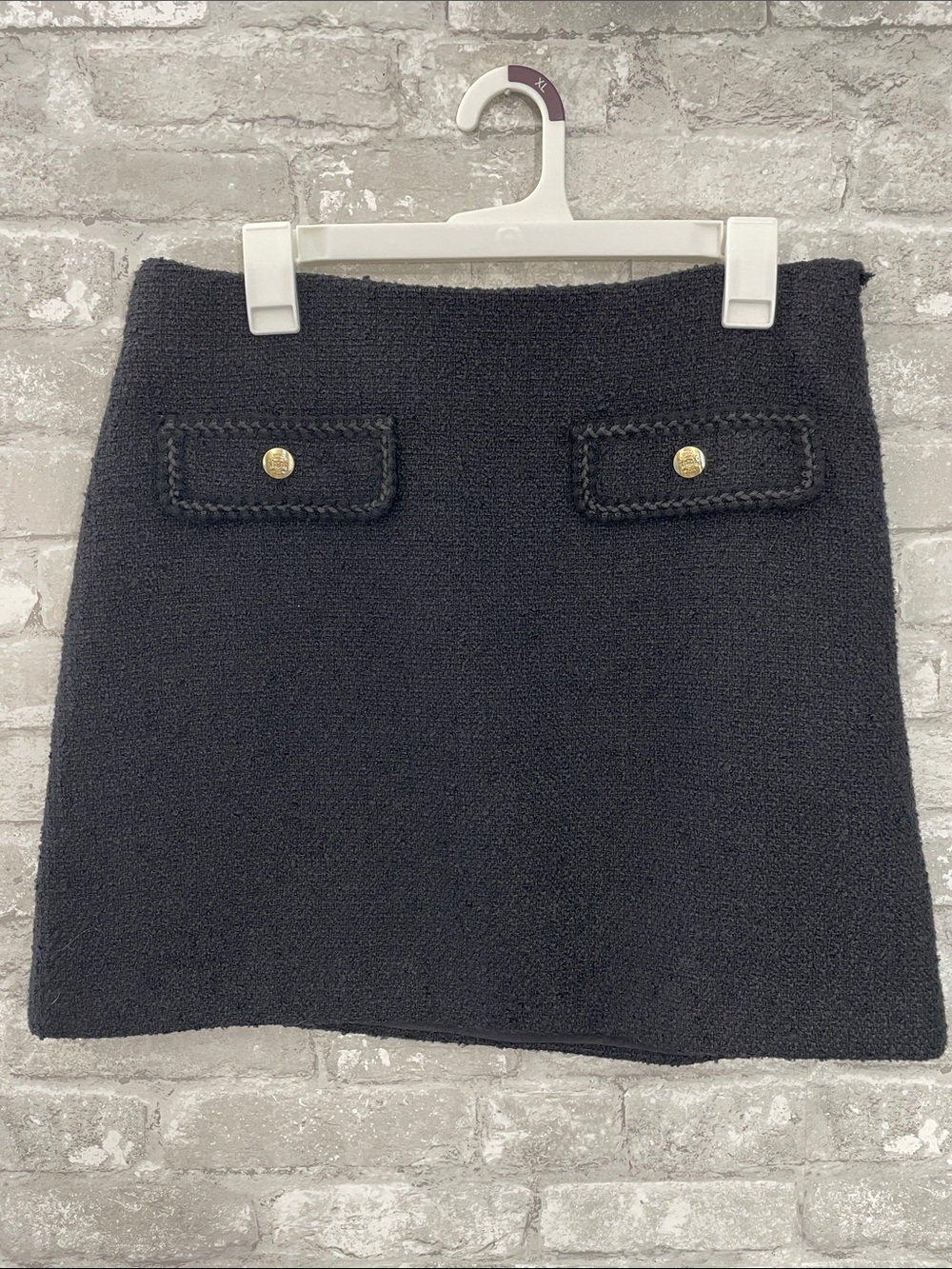 LOFT Black Bouclé Mini Skirt with Gold Button Details